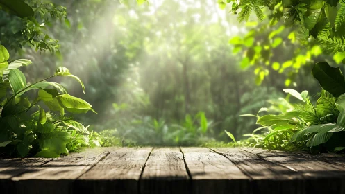 Wooden platform overlooks sunlit forest understory.