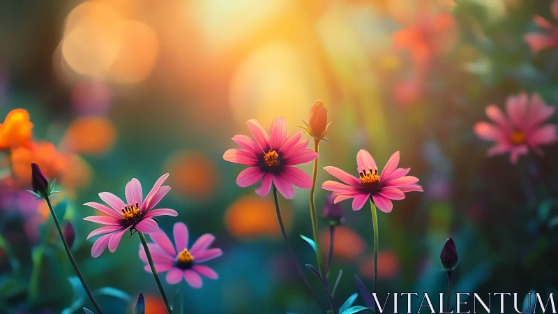 Pink Cosmos Flowers Backlit by Golden Sunlight