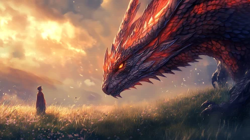 Sunlit confrontation between boy and ember-scaled dragon.