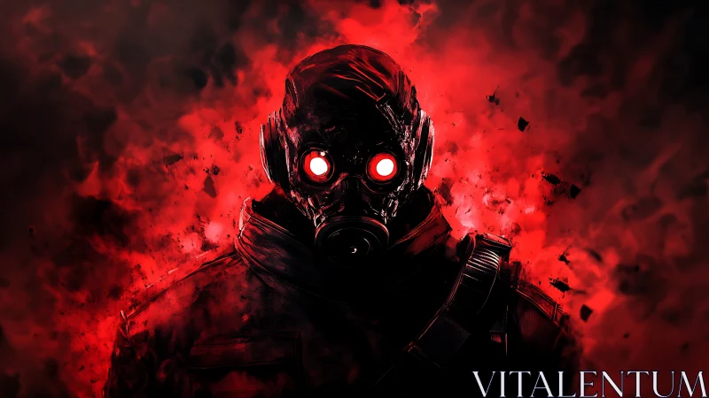 Gas-masked figure emerges from red particulate plume in profile