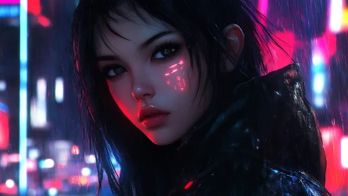 Neon rain draped cyber girl with luminous city gaze.