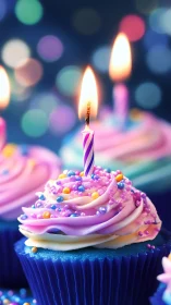 Illuminated Birthday Cupcake with Spiral Candle and Colorful Pearl Embellishments.