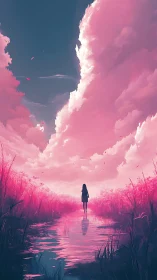 Atmospheric perspective of lone figure in saturated pink wetland.