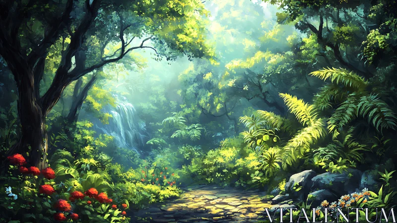 Enchanted Forest Waterfall with Sunlit Canopy.