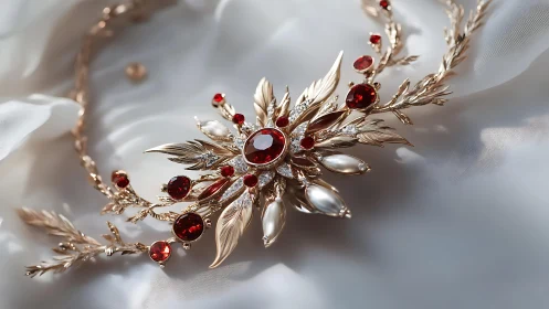 Gilded phoenix necklace with wine-bright rubies unfurling.