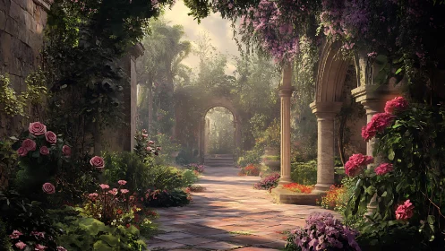 Sunlit stone colonnade winding through an enchanted rose garden.