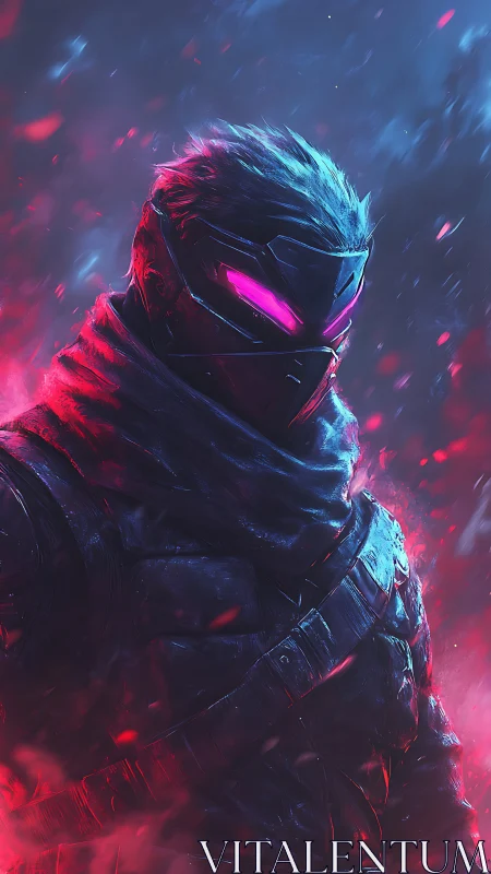 Armored cybernetic warrior in neon pink and blue glow.