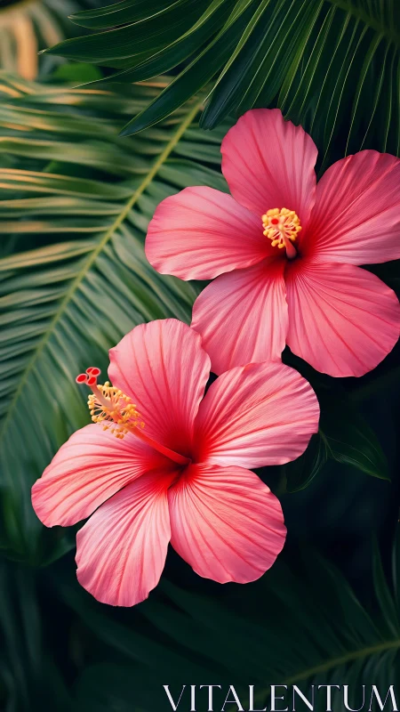 Pink Hibiscus Blossoms Nestled in Tropical Greenery