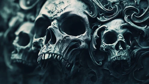 Detailed skull cluster with ornate swirling relief forms.