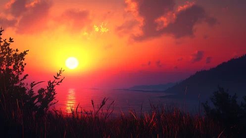 Radiant coastal sunset over silhouetted grasses and hills.