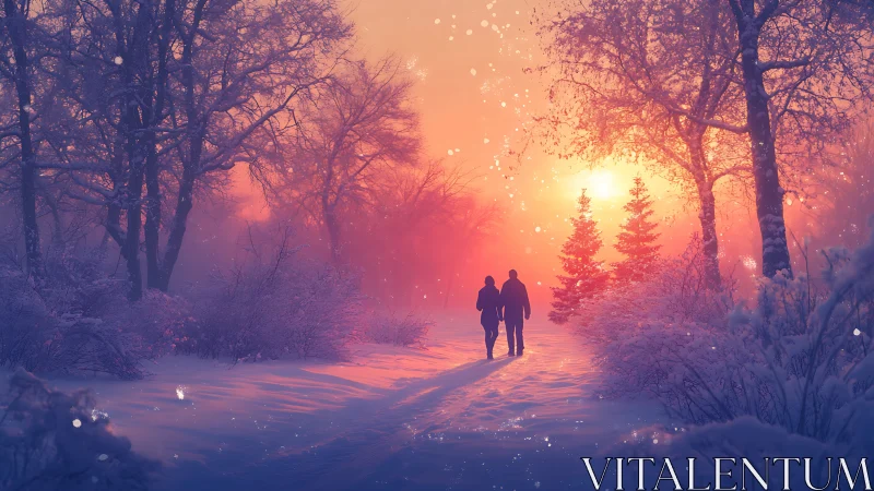 Sunlit winter forest path with couple in glowing snowfall.