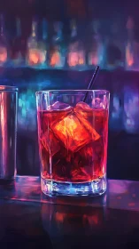 Neon-Lit Cocktail with Ice: Digital Rendering of Luminescent Red Beverage