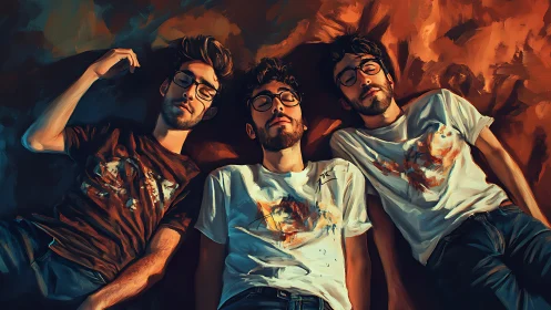 Dreamlike triple self-portrait on glowing painted bedding.