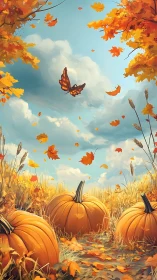 Autumn pumpkins rest beneath swirling leaves and bright sky.
