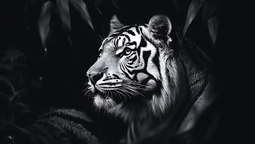 Quiet tiger gazes through jungle shadows in soft moonlight.
