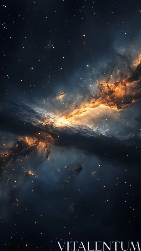 Stellar rift blazing through deep indigo cosmic clouds.