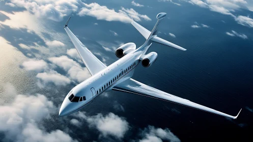 Sleek white private jet cruising over open ocean clouds.