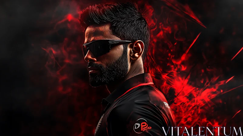 Intense athlete portrait ignites against abstract red flames