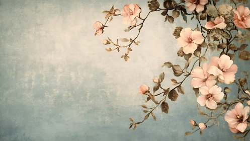 Vintage Blossoms Dance Across Soft Blue Canvas.