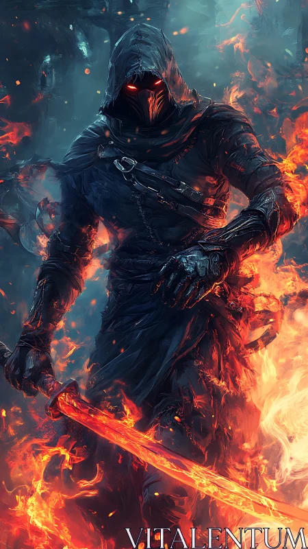 Fiery hooded warrior strides through flames with molten blade