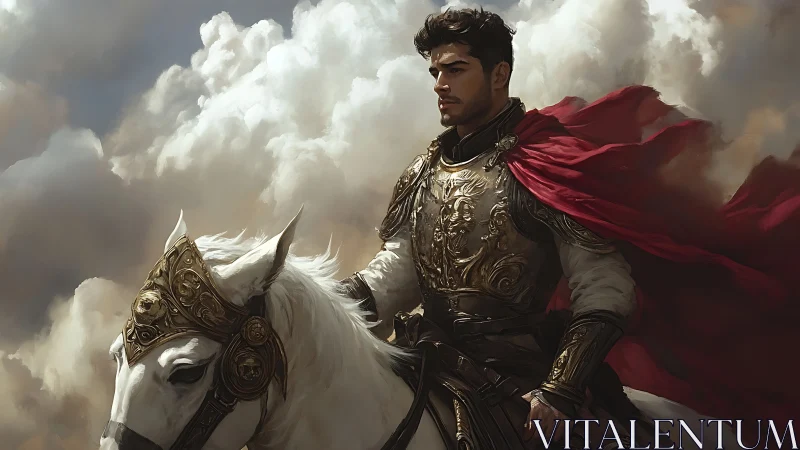 Golden knight and white steed beneath storm-soft skies.