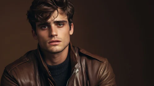 Warm brown portrait of a thoughtful man in leather jacket.
