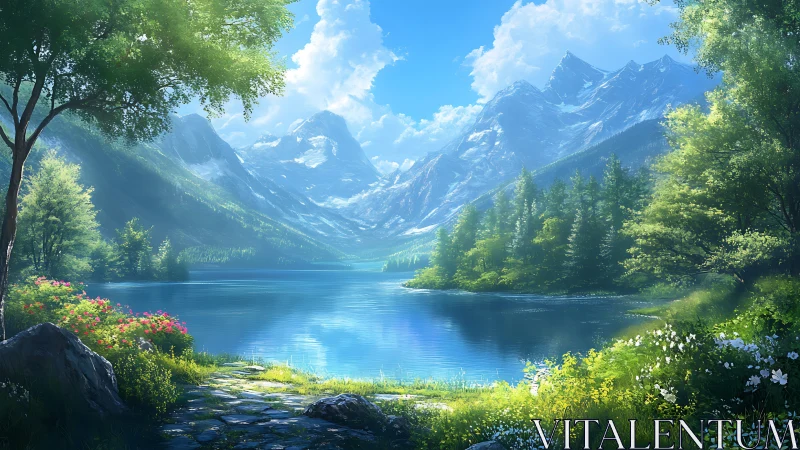 Sunlit alpine lake framed by blooming forest shoreline.