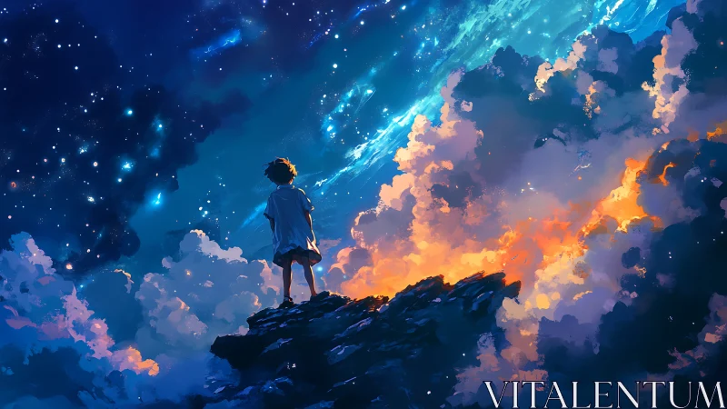 Child stands on twilight cliff under glowing cosmic sky