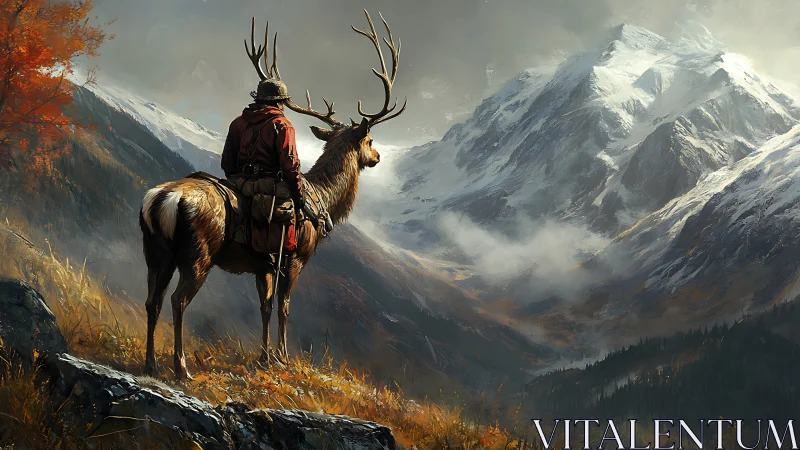 Mounted wanderer on stag surveying glaciated alpine valley.