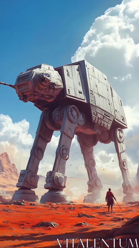 Colossal desert walker confronting lone robed warrior.