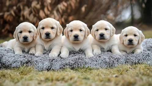 Symmetric lineup of five golden retriever puppies outdoors.