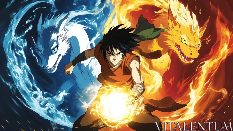 Fire and water anime warrior with twin elemental dragons.