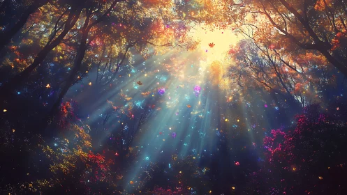 Sunlit forest canopy glows with drifting enchanted colors
