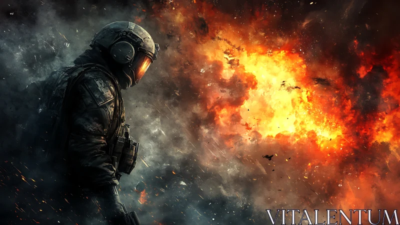Armored soldier walks through blazing battlefield explosion.