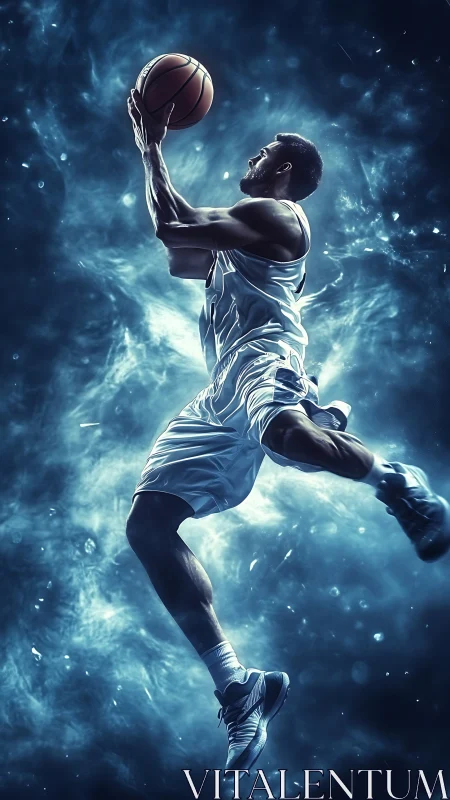 Dynamic basketball leap amid electric teal nebula backdrop.