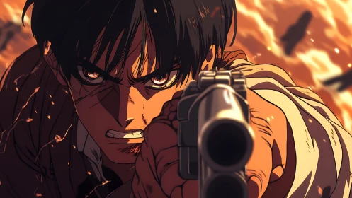 Intense anime marksman framed in dynamic frontal close-up