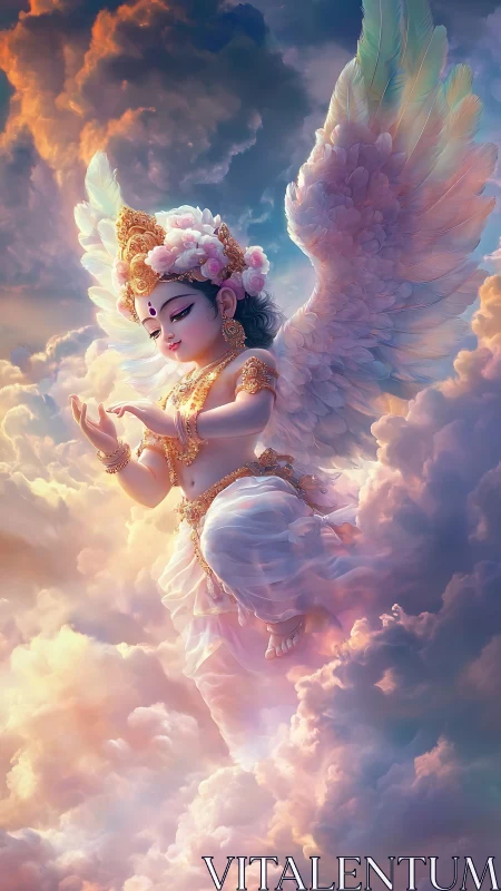 Celestial child with radiant wings drifting through dawn.