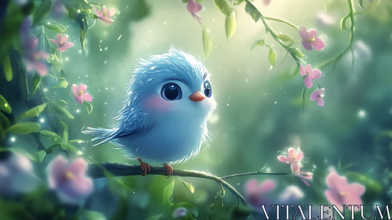 Cute blue cartoon bird on branch in dreamy floral fantasy art.