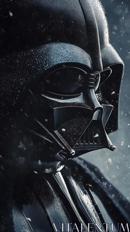 Black sci fi armored helmet in close side profile view.