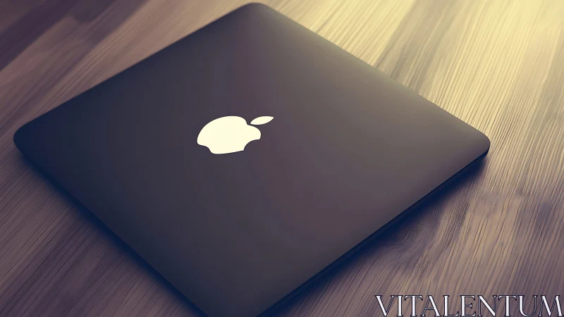 Closed laptop with glowing logo on wooden desk surface.