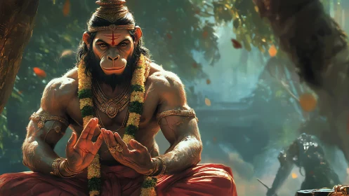 Divine monkey warrior meditating in lush forest temple.