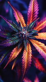 Neon cannabis leaf macro with iridescent gradient lighting.