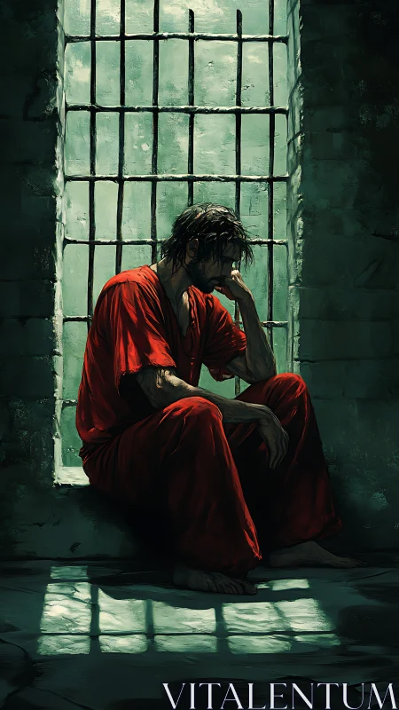 Solitary prisoner in red under harsh barred window light.