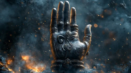 Metallic sculpted hand rising amid smoke and sparks.