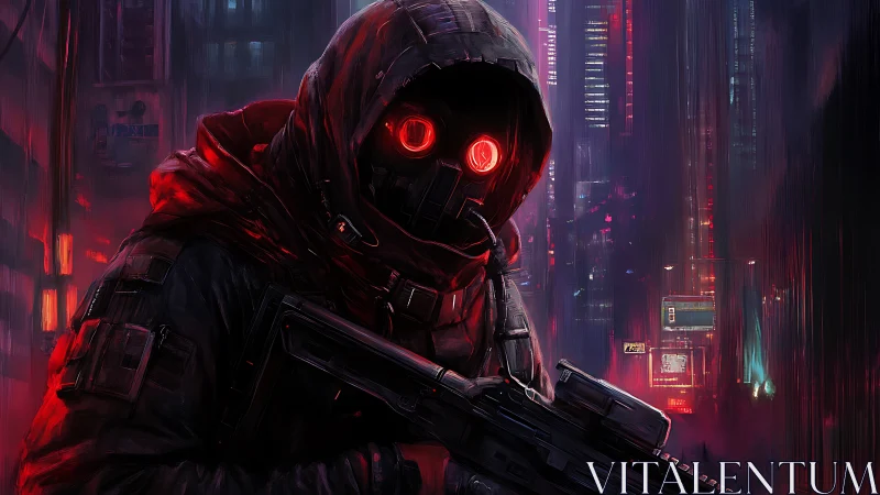Hooded night watcher with glowing eyes in neon alleyway.