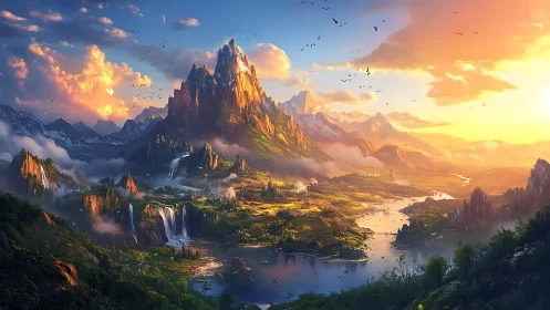 Luminous alpine valley with central spire peak and cascades at dawn