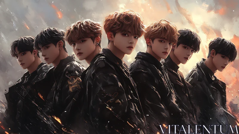 Seven stylized youths stand in embers and stormy light.