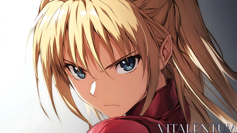 Blonde anime warrior with intense blue gaze portrait.