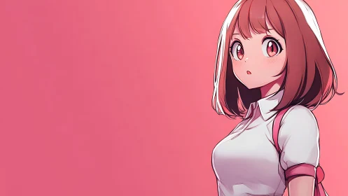 Soft pink anime portrait with shy schoolgirl gaze.