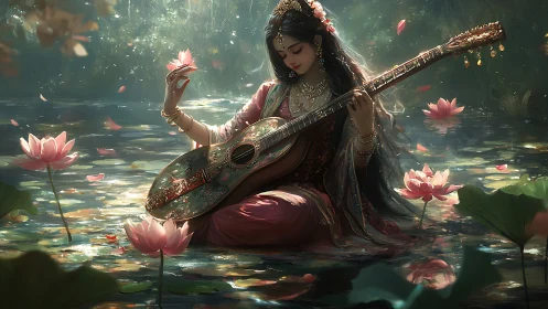 Mystical woman with guitar seated among glowing lotus flowers.